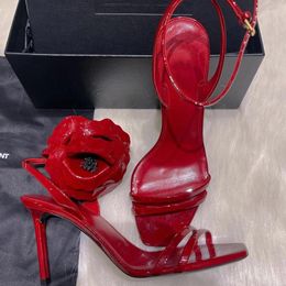 Sandals Sexy Solid Patent Red Rose Flower Open Toe Straps Ankle Buckle Women Wedding Shoes Thin High Heel Sandalias Summer