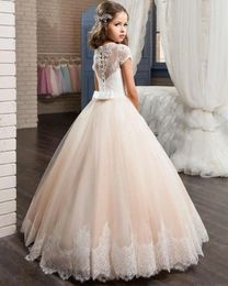 Girl Dresses Champagne Tulle Flower Dress For Wedding Short Sleeve Kids Birthday Party Princess First Communion Junior Bridesmaid Gowns