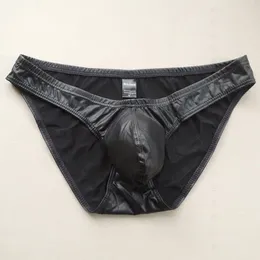 Underpants SHINO Men's Sexy Low Rise Artificial Leather Black Pouch Brief (Asian Size - Be Careful)