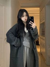 Korean Long Woman Fluffy Cardigan Sleeved Loose Sweet Sweater Coat Autumn Comfortable Female Woollen Knitted MidiClothing 240229