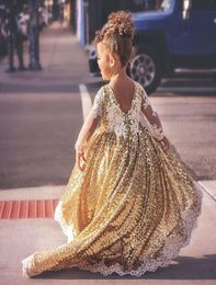 Gold Sequined Flower Girl Dresses With Lace Appliques Illusion Long Sleeves Girls Pageant Dress Kids Birthday Gowns For Po Shoo3996939