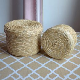 Baskets 1Pc Handmade Straw Woven Storage Basket With Lid Snack Organizer Storage Laundry Baskets Rattan Flower Basket Box Storage