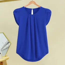 Women's Blouses 1Pc Casual Women Summer Shirt O-Neck Petal Short Sleeve Pullover Tops Breathable Solid Colour Pleated T-shirt Streetwear