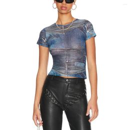 Women's T Shirts Faux Denim Printed T-shirt Round Neck Short Sleeve Sexy See-through Mesh Thin Tees Top Spring/ Summer Y2k 2024