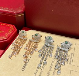 Luxury Band Charm Earrings Top Quality Full Crystal Leopard Head Tassel Chain Charm Drop Earrings For Women Jewellery With Box Party Gift