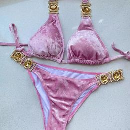 Sexy Velvet Pink Swimsuit Women Luxury Rhinestone Diamond Micro Bikini Push Up Thong Swimwear Brazilian Beach Bathing Suit 240308