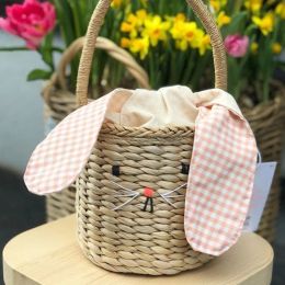 Baskets Children Girls Beach Bag Cute Rabbit Ear Straw Tote Kids Keys Coin Purse Basket Mini Handbag Oct7 21 Dropship