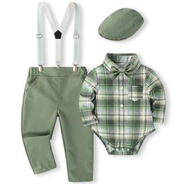 5Piece Spring Boy Clothes Korean Fashion Plaid Long Sleeve BodysuitPantsTieHatStraps Baby Luxury Clothing born Set BC1683 240314