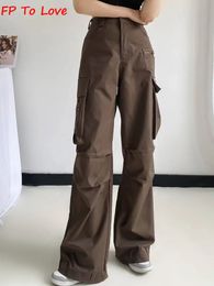 Y2K Neutral Brown Cargo Pants Loose Pocket Wide Leg Trousers Woman Female Street Stylish Autumn Spring PB ZA Quality 240309