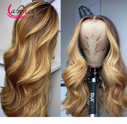 HD Transparant 13X6 Highlight Human Hair Frontal Body Wave Lace Front Honey Blonde Pre Plucked Bleached Knots Wigs7908979