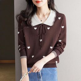 Women's Sweaters Spring Autumn Love Print Turn Down Collar Bow Decorate Pullovers Women Knitting Jumper Vintage Knitwear Tops Pull Femme