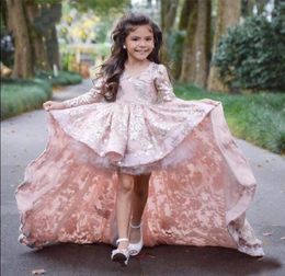 Blush PinkChampagne High Low Girls Pageant Gowns Beauty Outfit Clothing 2018 Newest Lace Dress Long Sleeves1416224