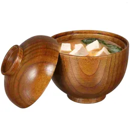 Dinnerware Sets 2Pcs Wooden Bowl With Lid Soup Rice Serving Wood Tableware