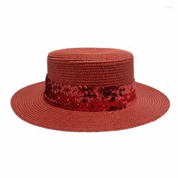 Berets Women Summer Red Sequins Straw Sun Classic Beach Hat Wide Brim Panama Men UV Protection Cap Chapeau Femme 2024