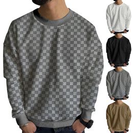 Men's Dress Shirts 2024 Autumn/Winter Knitwear Heavy Jacquard Checkerboard Round Neck Casual Long Sleeve Top