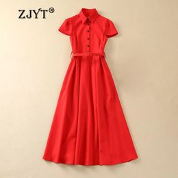 ZJYT Runway Summer 2024 Fashion Midi Shirt Dresses for Women Short Sleeve Turn Down Collar Red Party Dress Elegant Black 240306