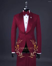 Men's Suits Mens Wedding 2024 Italian Design Custom Made Burgundy Smoking Tuxedo Jacket 2 Pieces Set Groom Terno For Men