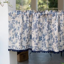 Curtains Rod Pocket Processing Small Curtain with Hair Ball Vintage Blue Floral Print Short Door curtain Kitchen Halfcurtain for Cabinet