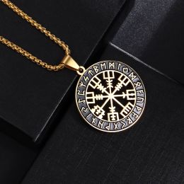 Classic Simple Nordic Compass Rune Pendant Men Women 14K Gold Necklace Fashion Retro Jewelry Gift