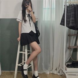 2pcs JK Suit Women Japanese Fashion Anime Schoolgirl Uniform Elegant Short Sleeve Shirt High Waist Pleated Skirt 240301