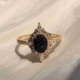 Cluster Rings Blue Sandstone Ring Vintage Oval Engagement Rings for Women CZ Halo Promise Anniversary Jewellery L240315