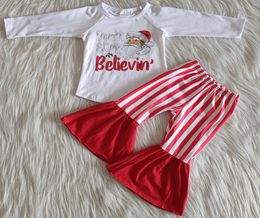 kids designer clothes girls long sleeve sets Santa Claus Christmas clothes boutique toddler baby girls bell bottom outfit wholesa2409691