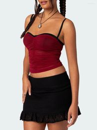 Women's Tanks Women Patchwork Mesh Tank Top Sexy Cami Spaghetti Straps Crop Tops Ruched Y2k Going Out