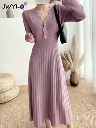 Casual Dresses Autumn Winter V Neck Slim Long Sleeve Maxi Dress For Women Solid Colour Simple Loose A-line Knitted Robe Sweater