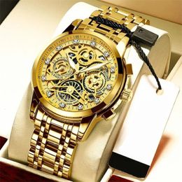 Mens Watches Rotating Window Top Luxury Brand Fashion Quartz Men Watch Waterproof Gold Steel Business Wristwatch 240220