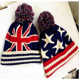 Unisex Union Jack or Stars Stripes USA Flag Warm Winter Bobble Beanie UK Flag Skull Ski Pom Pom Hat Cap 10pcs lot 248e