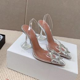 Designer Luxury Sandals Amina Muaddi High Heels Fashion Dress Satin High Bow Crystal Decoration with Button Sunflower Pcv Sandals with Shoe Box