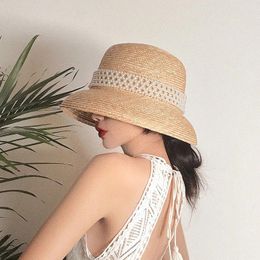 Wide Brim Hats Hand Made Summer For Women Raffia Elegant Pearl Straw Sun Hat Bucket Cap Lady Girls Panama Beach Floppy Female Travel