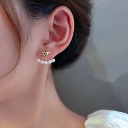 2024 New Elegant Heart Shaped Back Hanging Pearl 14k Yellow Gold Earrings Korean Fashion Jewelry For Woman Girls Accessories