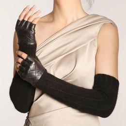 Five Fingers Gloves Promotion Women Sheepskin Long Fingerless Punk Fashion Genuine Leather Opera Solid Lady Mitten Winter Wool Glo225J
