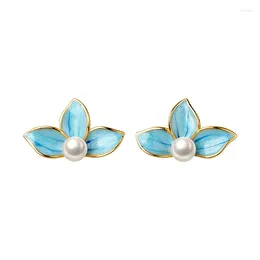 Stud Earrings Fashionable Retro French Blue Petal Pearl For Women Party Elegant And Exquisite Sterling Silver Jewellery Gift