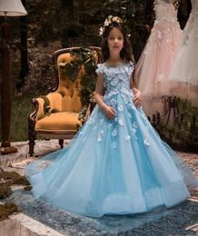 Ice Blue Princess Girls Pageant Dresses Sheer Neck Cap Sleeves 3D Appliques Tulle Floor Length Children Wedding Dresses Flower Gir2187891