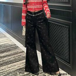 Women's Jeans High version Xiaoxiangjia winter embossed full print pants with three-dimensional camellia wide leg design and micro flared jeans AHJ0