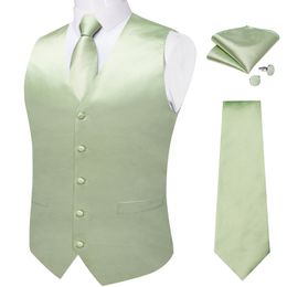 Sage Green Solid Silk Suit Vest for Men Tie Handkerchief Cufflinks Wedding Party Formal Tuxedo Male Blazer Waistcoat 240312