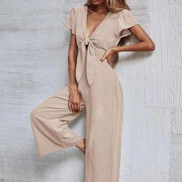 Women's Pants Women Jumpsuit Stylish V-neck Lace-up With Wide Leg Pockets Streetwear For Summer Fashionistas Lightweight