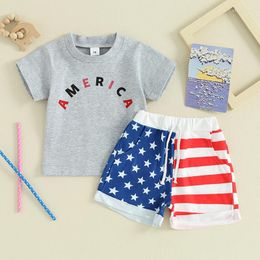 Clothing Sets 0-3Y Toddler Infant Baby Boys Independence Day Short Sleeve Letter Print Tops And Stars Stripe Drawstring Shorts