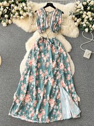 Casual Dresses SINGREINY Summer Women Floral Print Dress Hollow Out V Neck Backless Lace Up Cross Bandage Design Fashion Sexy Split Long