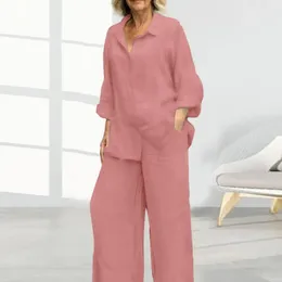 Women's Two Piece Pants Summer Casual Set For Women Stylish Cotton Linen Suit With Long Sleeve Shirt Wide Leg Trousers Elegant Female