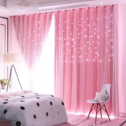 Curtains Princess Style Colorful Double Layer Stars Curtains for Living Room Girl's Bedroom Kids Room Pink Blue Window Blackout Custom