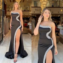 Black Mermaid Prom Dresses Strapless Satin Evening Dress Pleats Beaded Split Formal Long Special Occasion Party dress YD