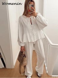 Leopard Print Lace Top and Pants Set Womens Loose Lantern Sleeves O-Neck Top Waist Mens 2024 Spring Womens Casual Set 240315