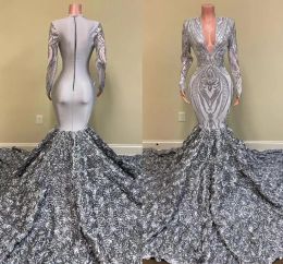 Silver African Girls Long Prom Dresses 2024 Mermaid V Neck Full Sleeve 3D Flowers Train Women Formal Party Evening Gown