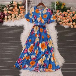 Party Dresses Summer Elegant Midi Dress For Women Printed Bating Sleeve With Pleated Skirt Belt Beach Holiday Chiffon Thin 2024 In