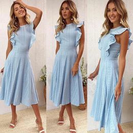 Women Office Casual Midi ALine Dress Female Summer Blue Solid Lace Sleeveless Elegant Party Woman White Vestidos 240313