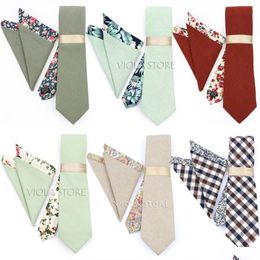 Tie Clips Luxurywork Floral Solid 7Cm Necktie Hankie Set Pink Green Red Cotton Men Suit Wedding Party Daily Accessory Gift Top Drop Dhcka