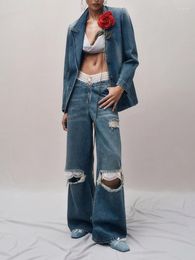 Women's Jeans Double Waist Head Lace Splicing Wide Leg Fashionable High Street Y2k Whiskered Edge Holes Low Pants 2024